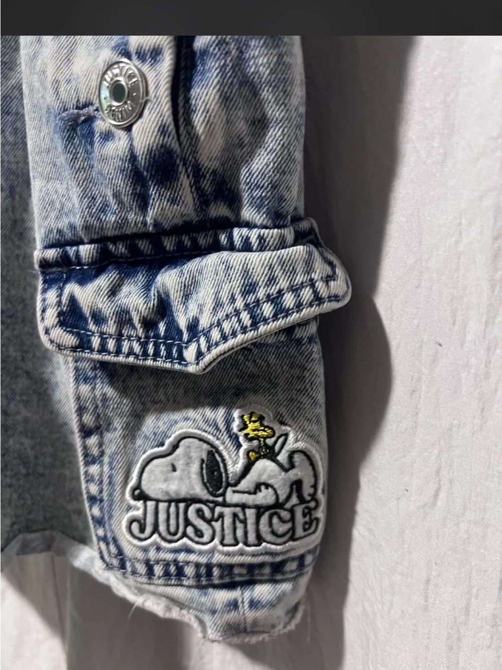 Justice Acid Wash Denim Overalls with Snoopy Patch